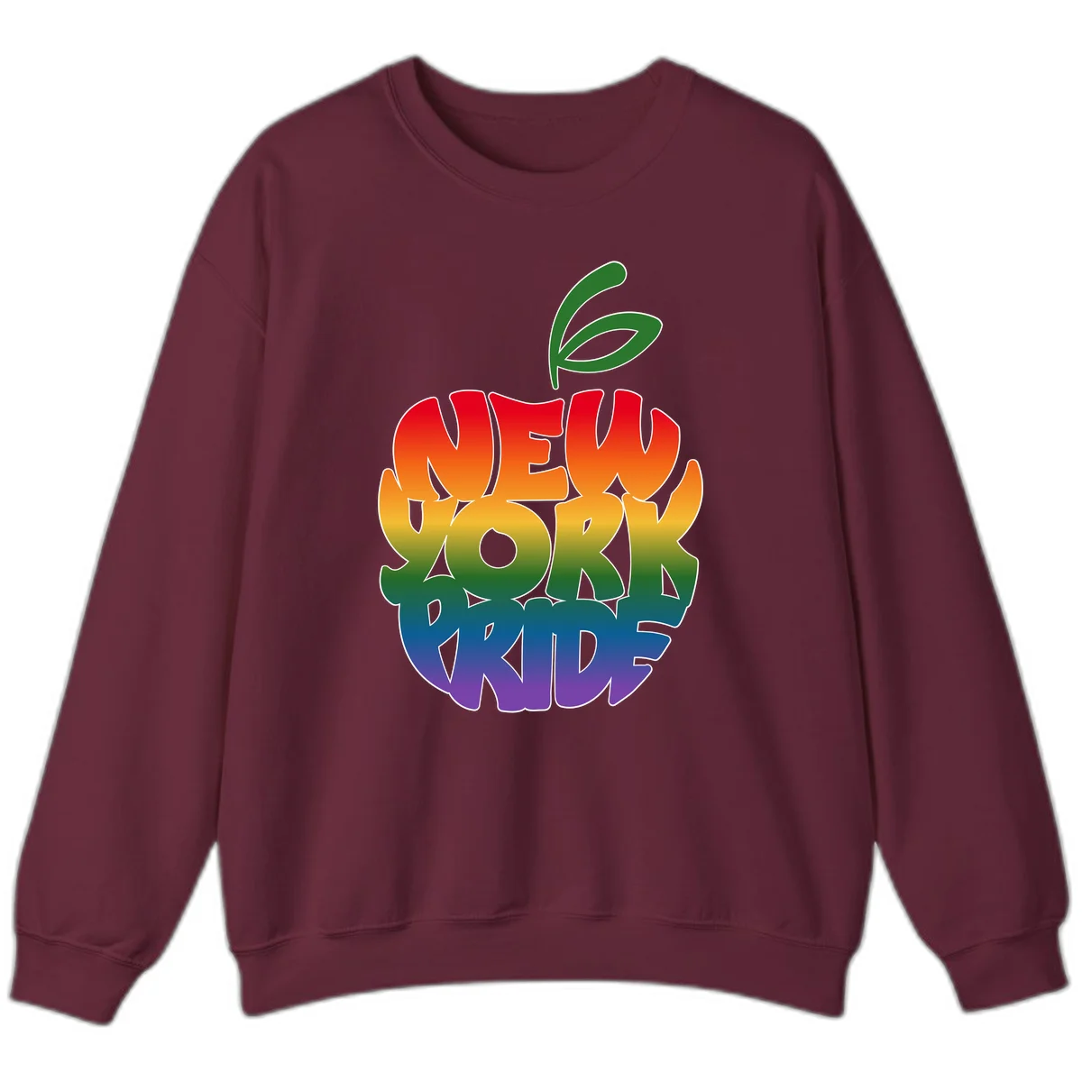 New York Pride apple design with rainbow gradient colors from red to purple and green leaves on top in Maroon