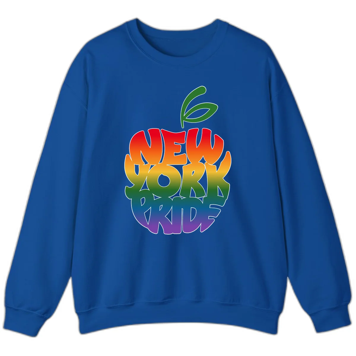 New York Pride apple design with rainbow gradient colors from red to purple and green leaves on top in Royal
