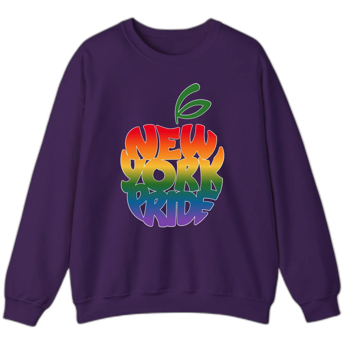 New York Pride apple design with rainbow gradient colors from red to purple and green leaves on top in Purple
