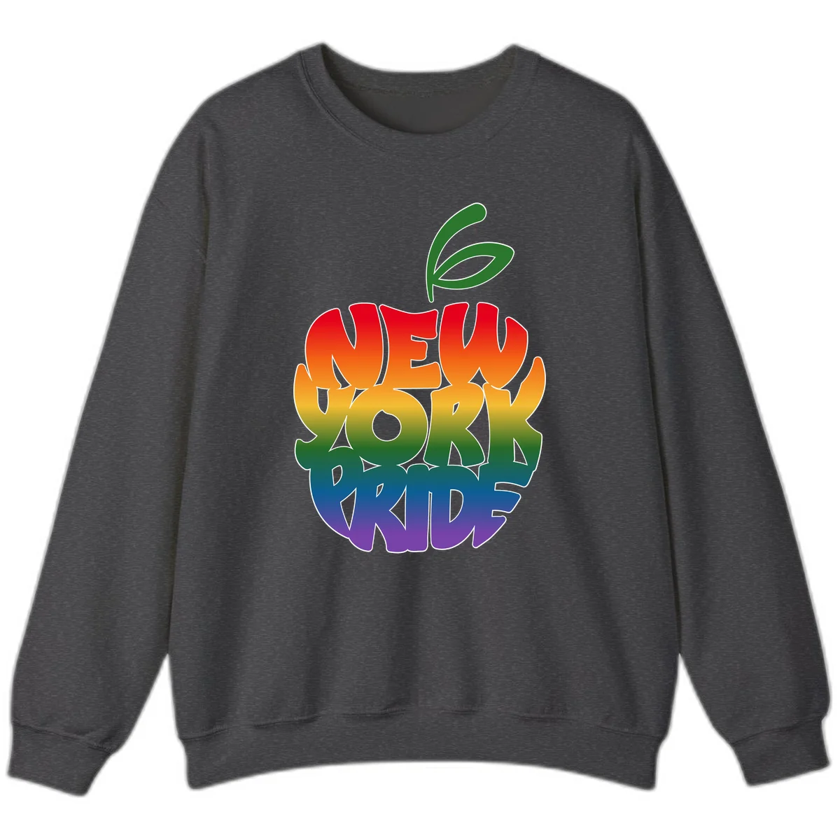 New York Pride apple design with rainbow gradient colors from red to purple and green leaves on top in Dark Heather