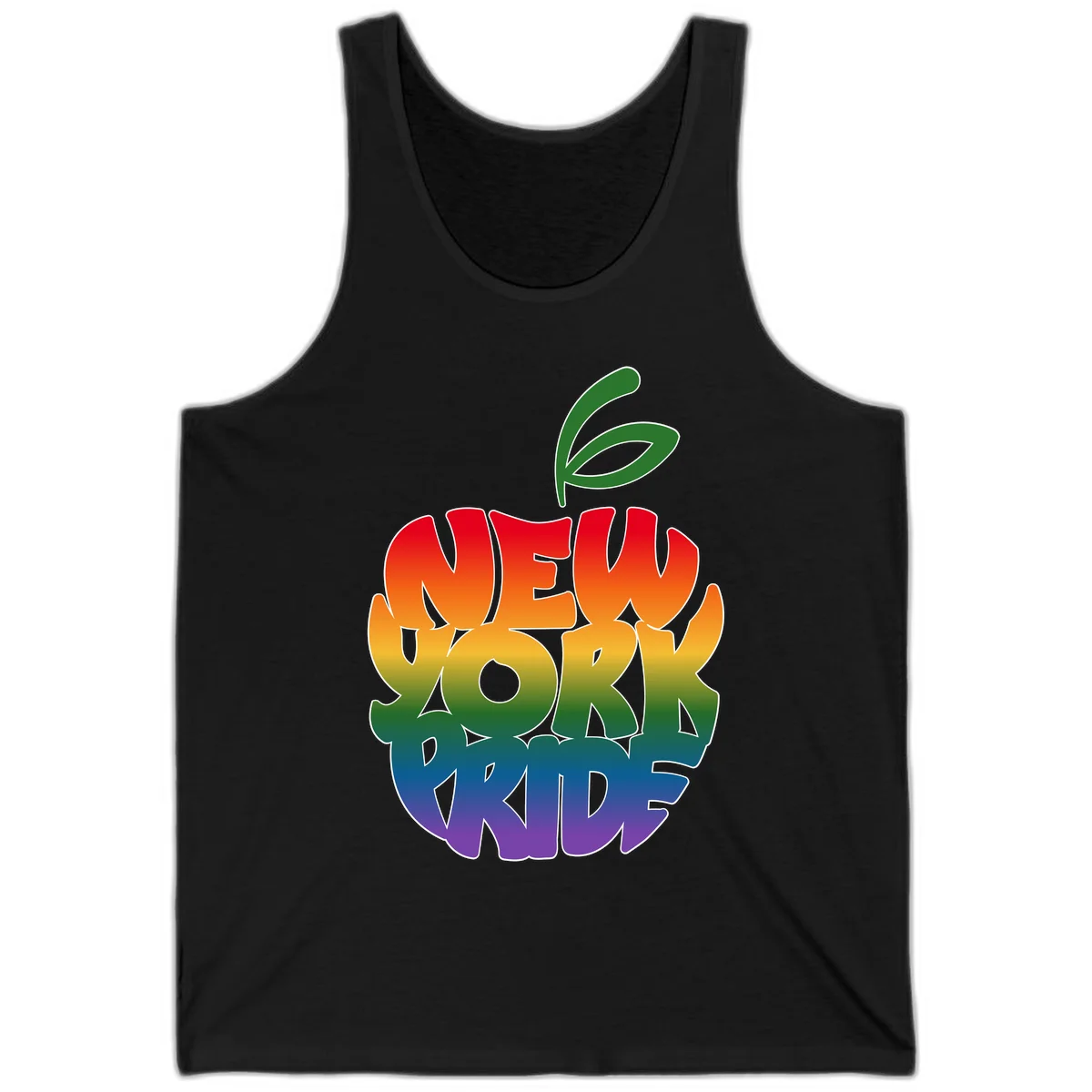 New York Pride apple design with rainbow gradient colors from red to purple and green leaves on top in Black