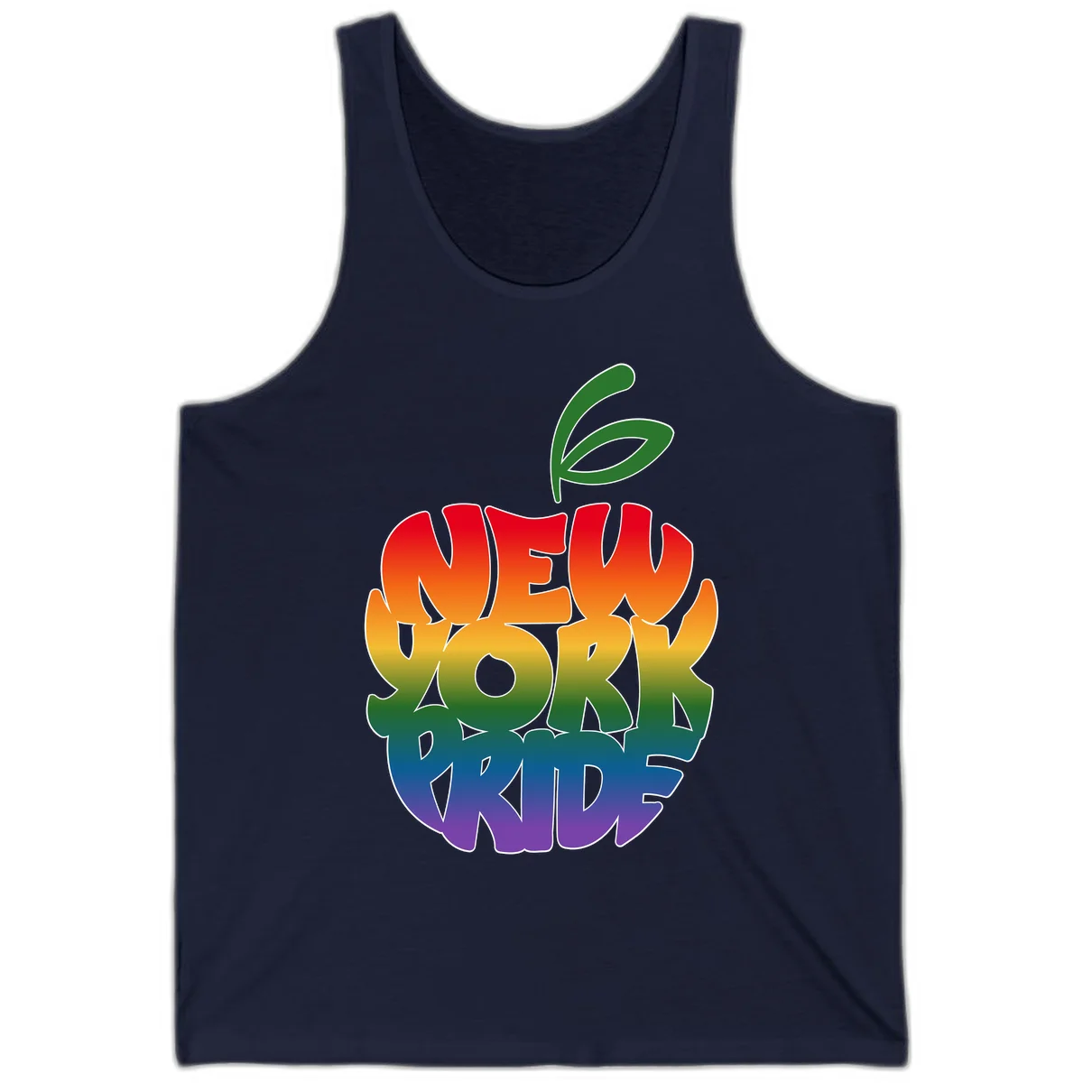 New York Pride apple design with rainbow gradient colors from red to purple and green leaves on top in Navy