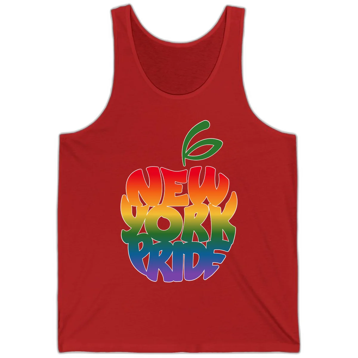 New York Pride apple design with rainbow gradient colors from red to purple and green leaves on top in Red