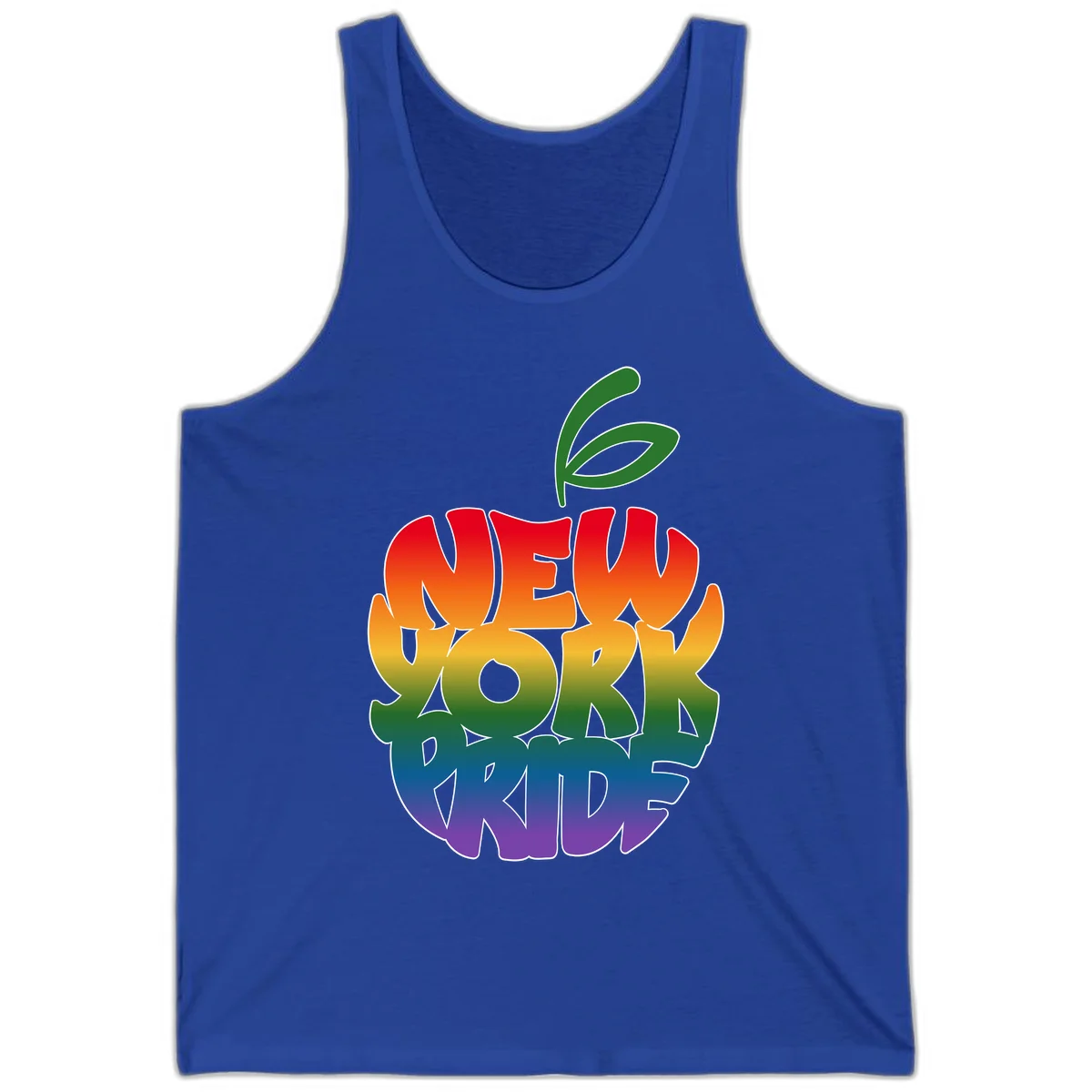 New York Pride apple design with rainbow gradient colors from red to purple and green leaves on top in True Royal