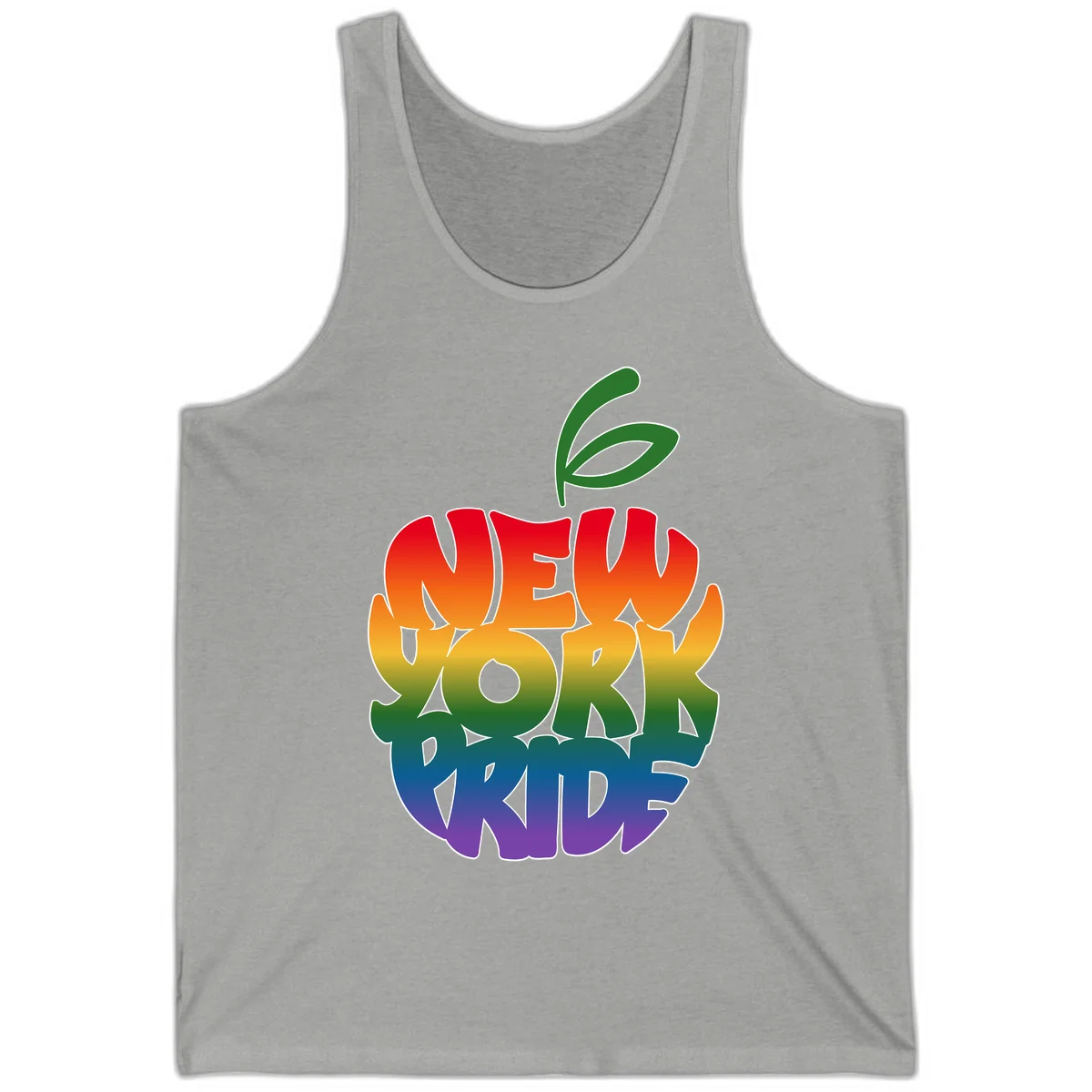 New York Pride apple design with rainbow gradient colors from red to purple and green leaves on top in Athletic Heather