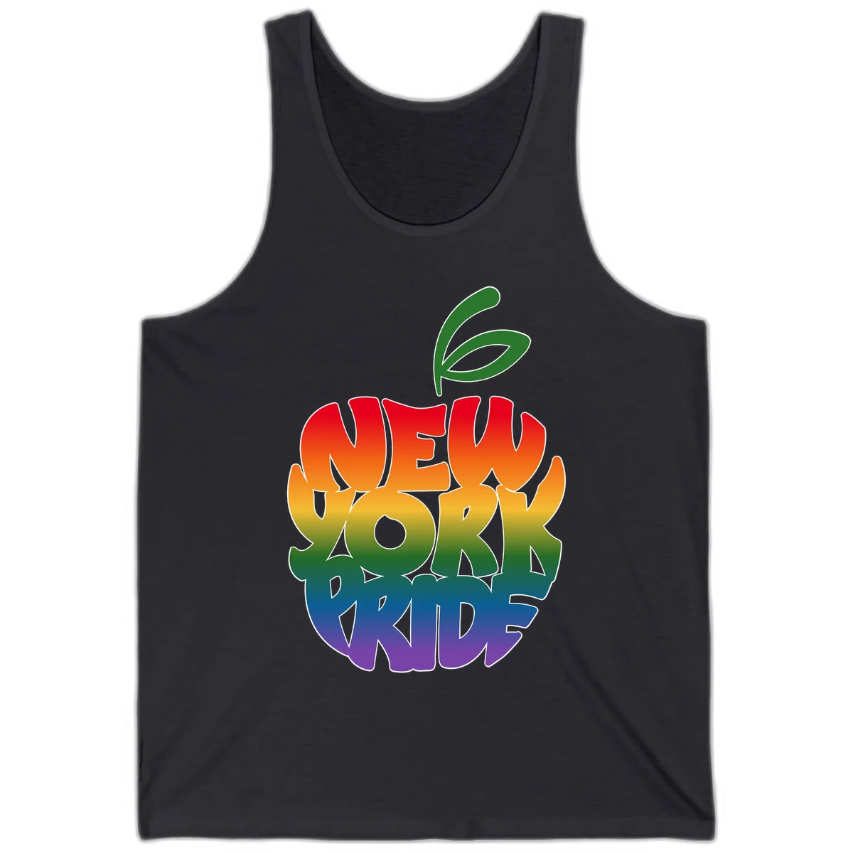 New York Pride apple design with rainbow gradient colors from red to purple and green leaves on top in Dark Grey