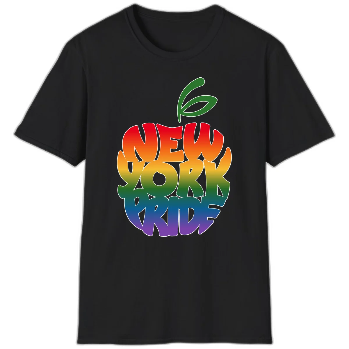 New York Pride apple design with rainbow gradient colors from red to purple and green leaves on top in Black