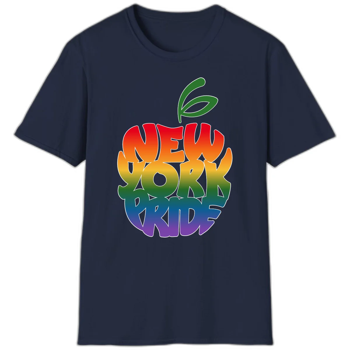 New York Pride apple design with rainbow gradient colors from red to purple and green leaves on top in Navy