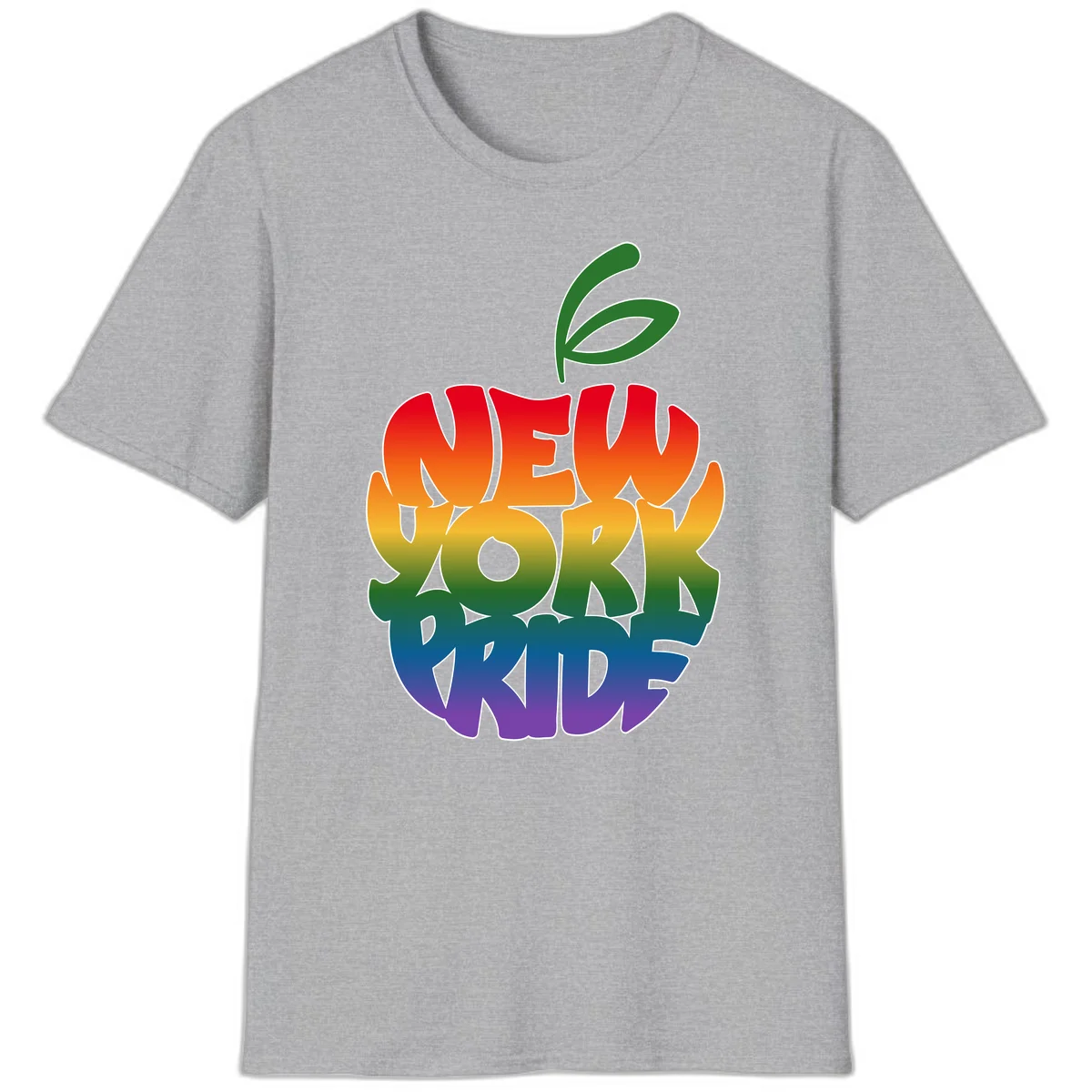 New York Pride apple design with rainbow gradient colors from red to purple and green leaves on top in Sport Grey