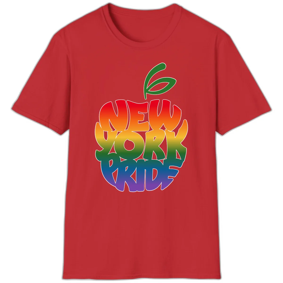 New York Pride apple design with rainbow gradient colors from red to purple and green leaves on top in Red