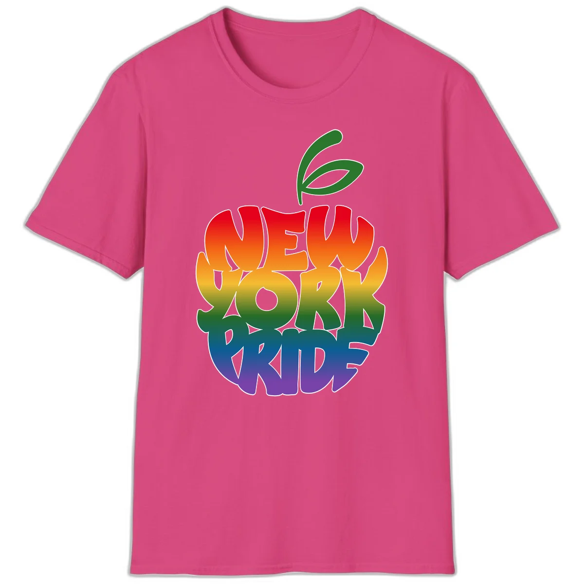 New York Pride apple design with rainbow gradient colors from red to purple and green leaves on top in Heliconia