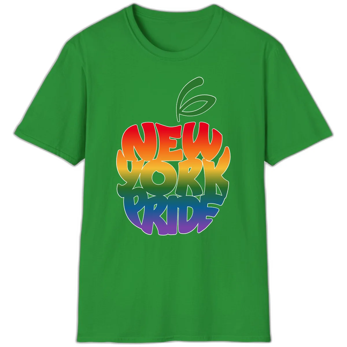 New York Pride apple design with rainbow gradient colors from red to purple and green leaves on top in Irish Green