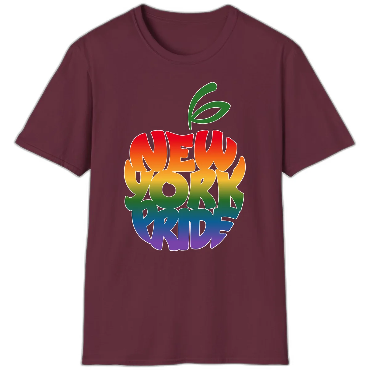 New York Pride apple design with rainbow gradient colors from red to purple and green leaves on top in Maroon