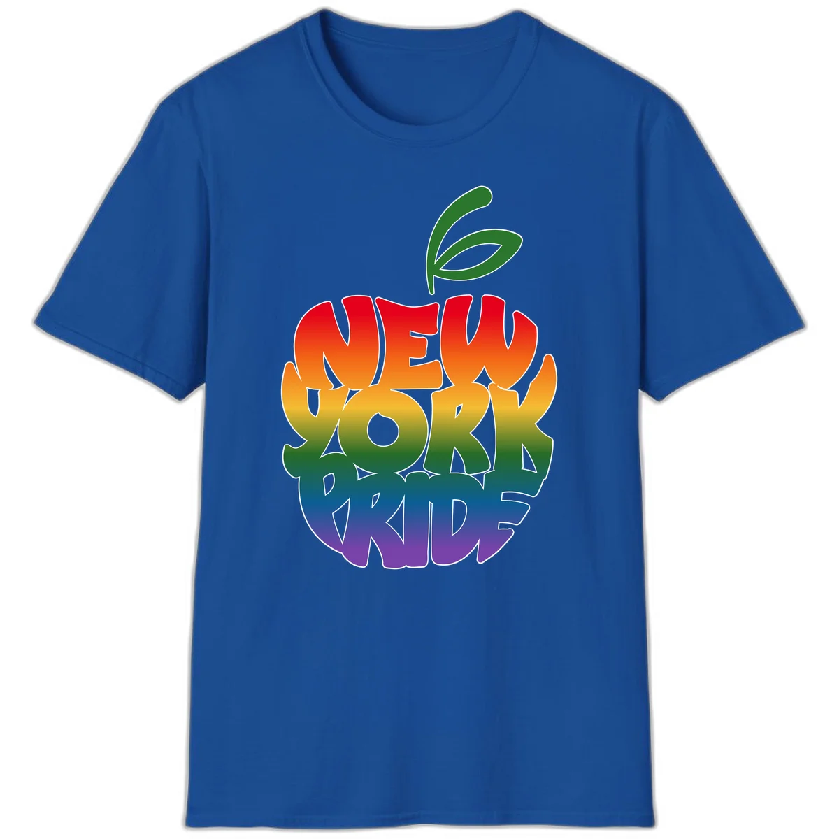 New York Pride apple design with rainbow gradient colors from red to purple and green leaves on top in Royal