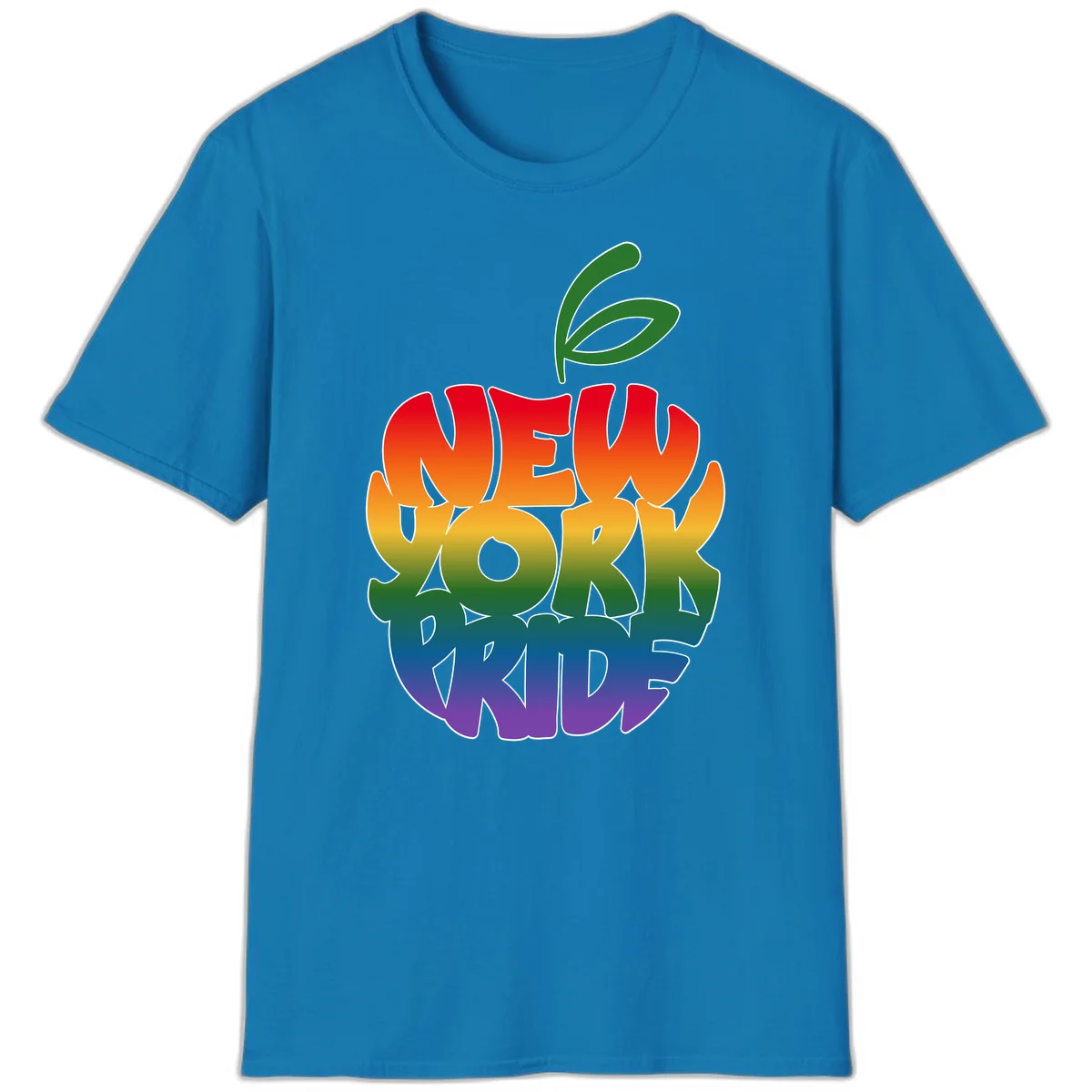 New York Pride apple design with rainbow gradient colors from red to purple and green leaves on top in Sapphire