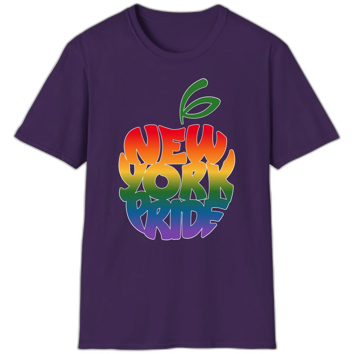New York Pride apple design with rainbow gradient colors from red to purple and green leaves on top in Purple