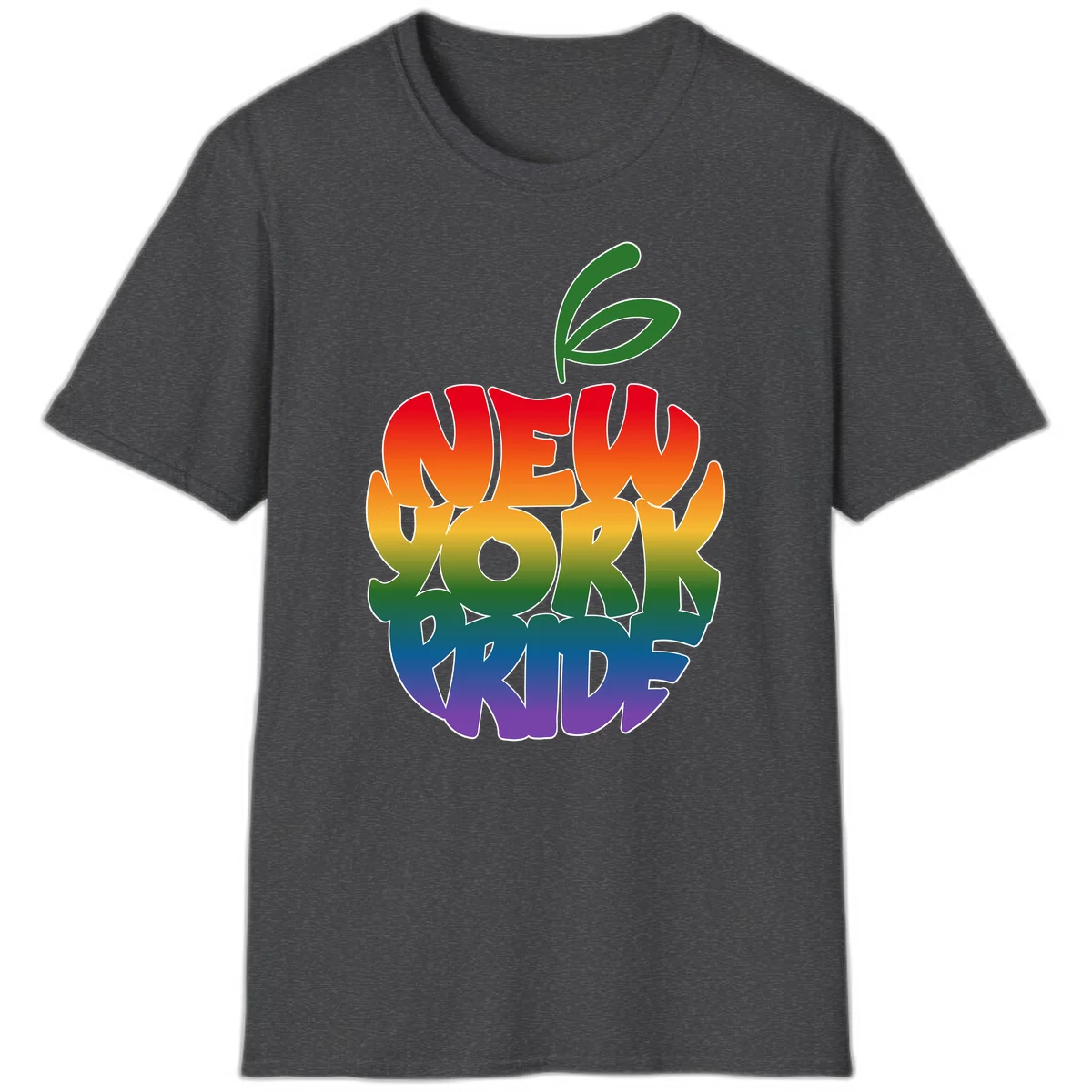 New York Pride apple design with rainbow gradient colors from red to purple and green leaves on top in Dark Heather