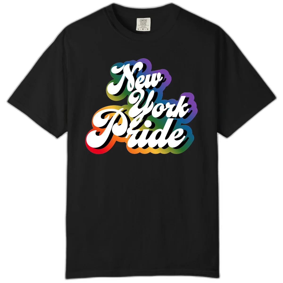 New York Pride retro design with bold white text and rainbow gradient background in pride colors in Black