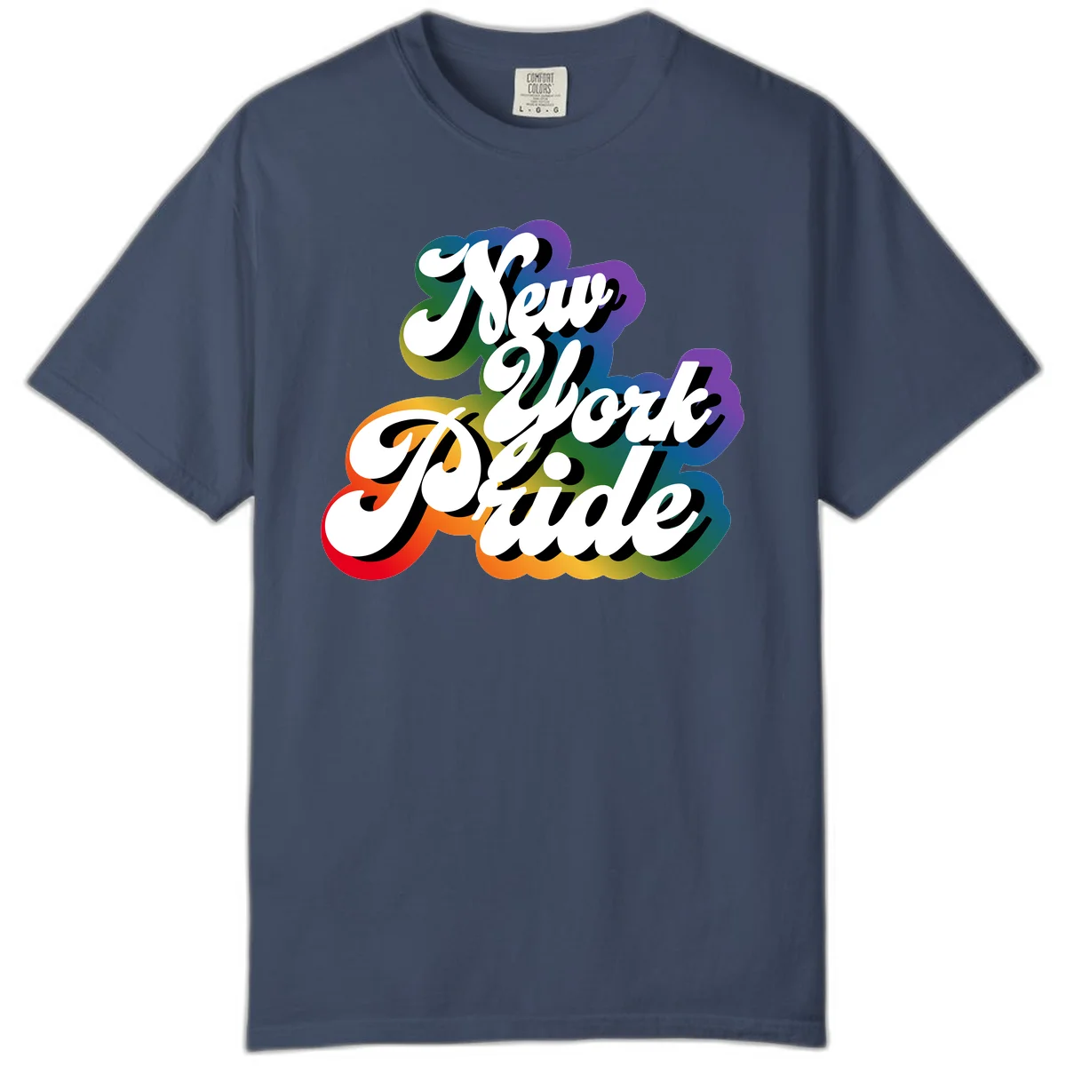 New York Pride retro design with bold white text and rainbow gradient background in pride colors in Midnight