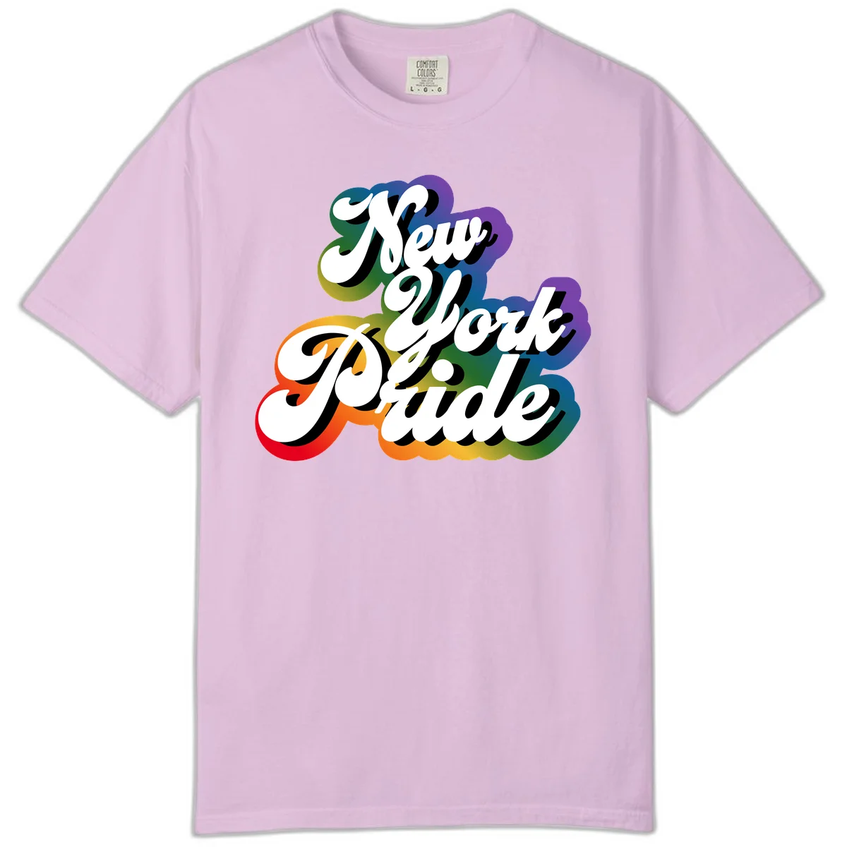 New York Pride retro design with bold white text and rainbow gradient background in pride colors in Orchid