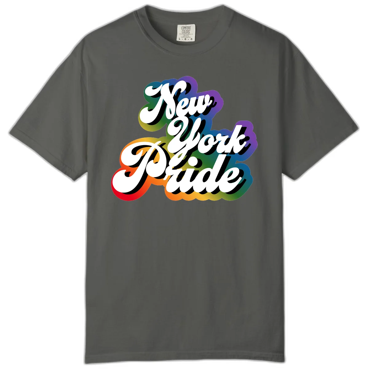 New York Pride retro design with bold white text and rainbow gradient background in pride colors in Pepper