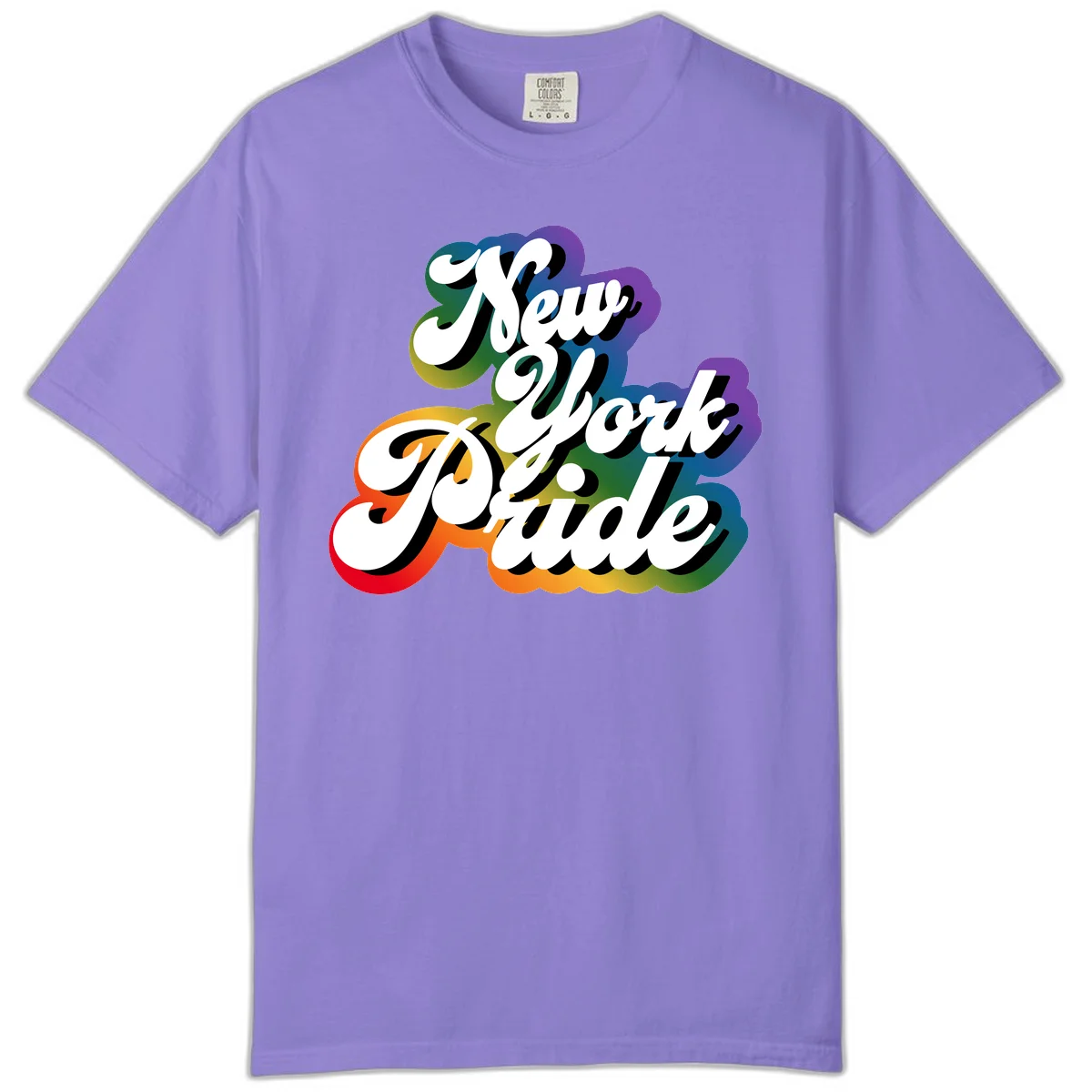 New York Pride retro design with bold white text and rainbow gradient background in pride colors in Violet