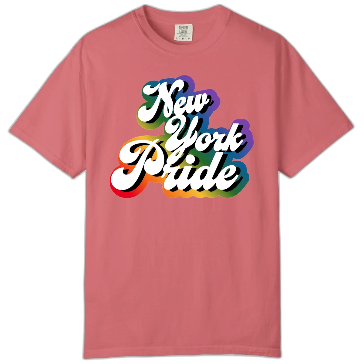 New York Pride retro design with bold white text and rainbow gradient background in pride colors in Watermelon