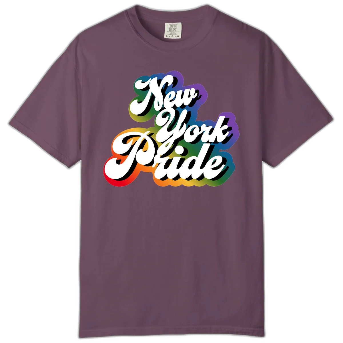New York Pride retro design with bold white text and rainbow gradient background in pride colors in Berry