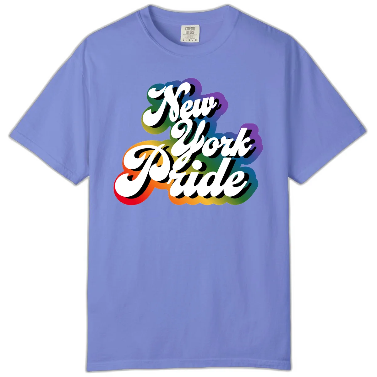 New York Pride retro design with bold white text and rainbow gradient background in pride colors in Flo Blue
