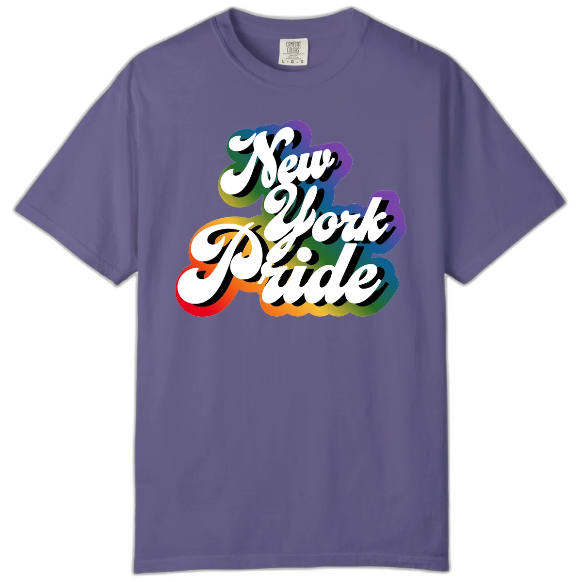 New York Pride retro design with bold white text and rainbow gradient background in pride colors in Grape