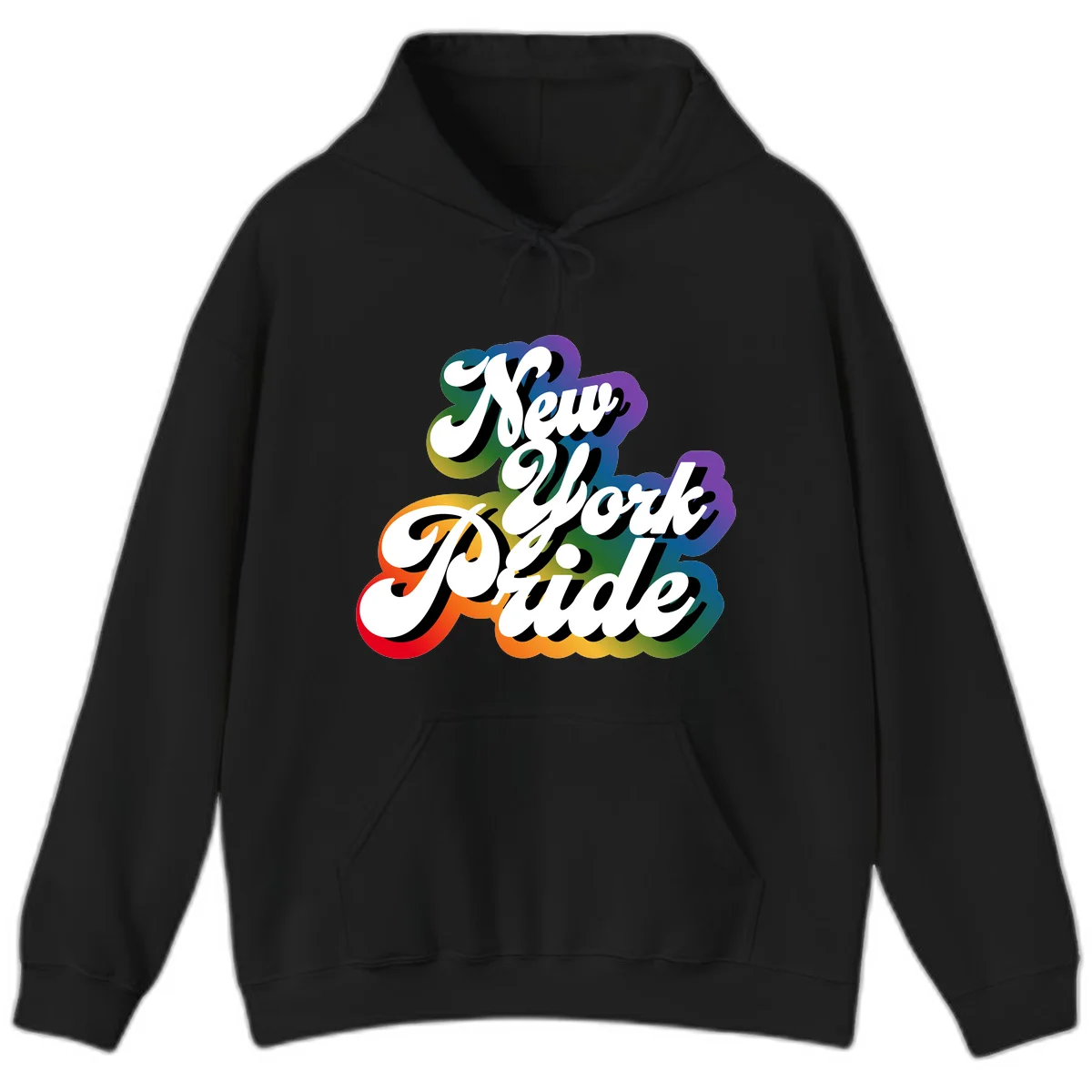 New York Pride retro design with bold white text and rainbow gradient background in pride colors in Black