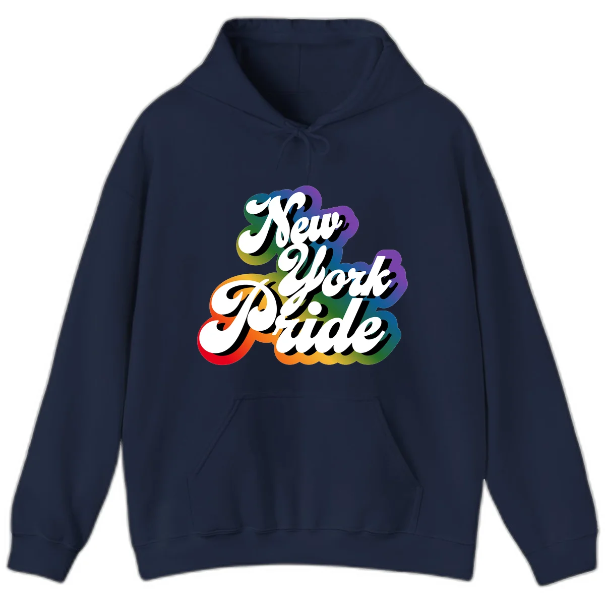 New York Pride retro design with bold white text and rainbow gradient background in pride colors in Navy