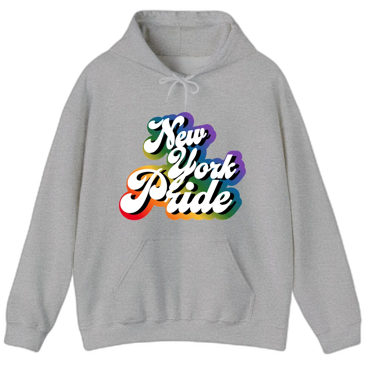 New York Pride retro design with bold white text and rainbow gradient background in pride colors in Sport Grey