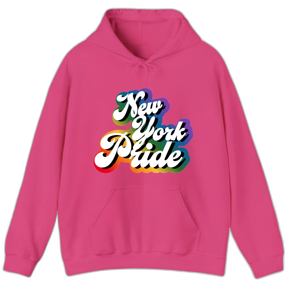 New York Pride retro design with bold white text and rainbow gradient background in pride colors in Heliconia