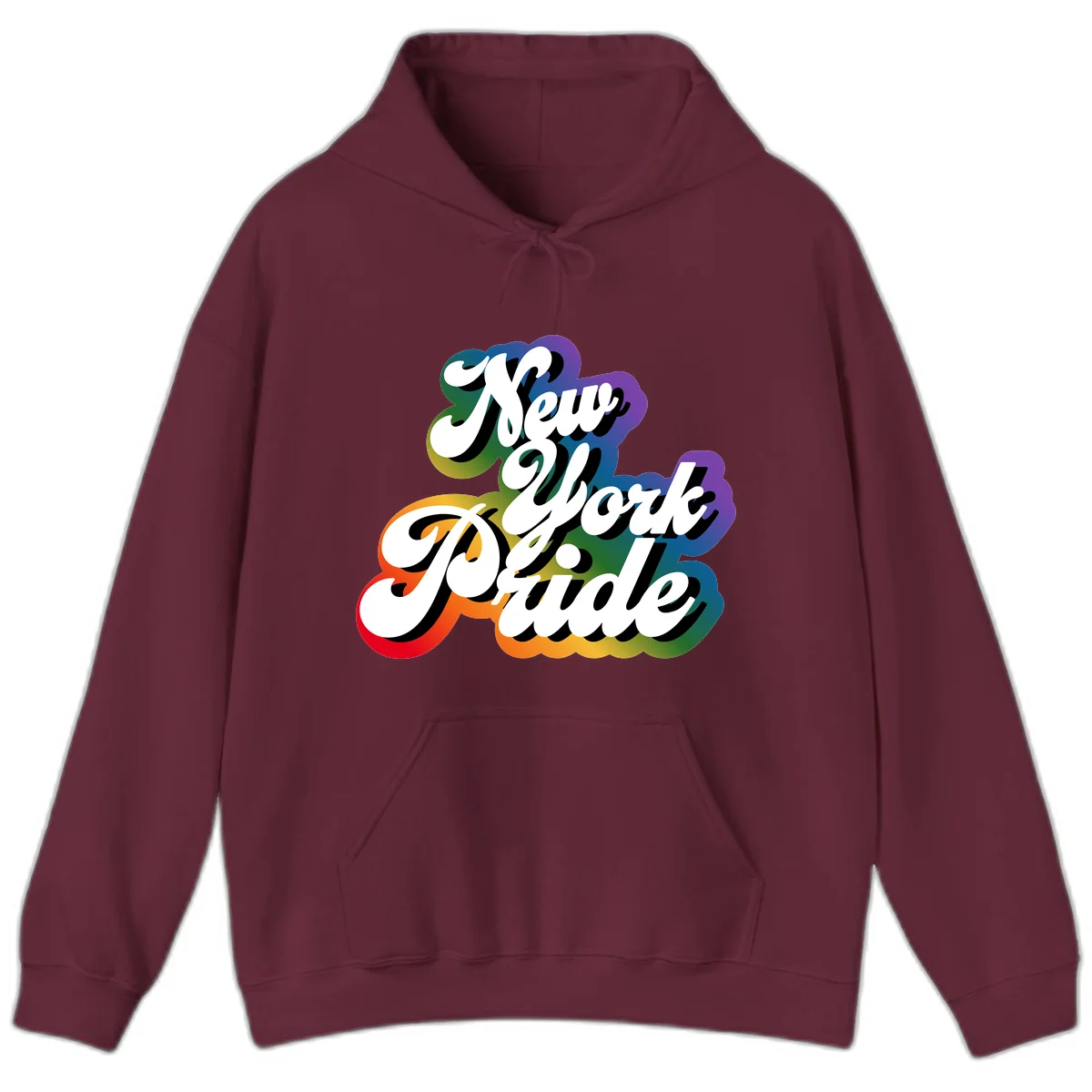 New York Pride retro design with bold white text and rainbow gradient background in pride colors in Maroon