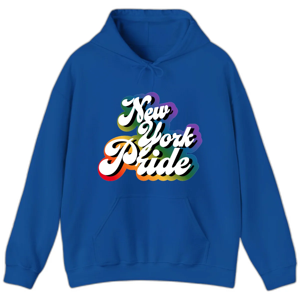 New York Pride retro design with bold white text and rainbow gradient background in pride colors in Royal
