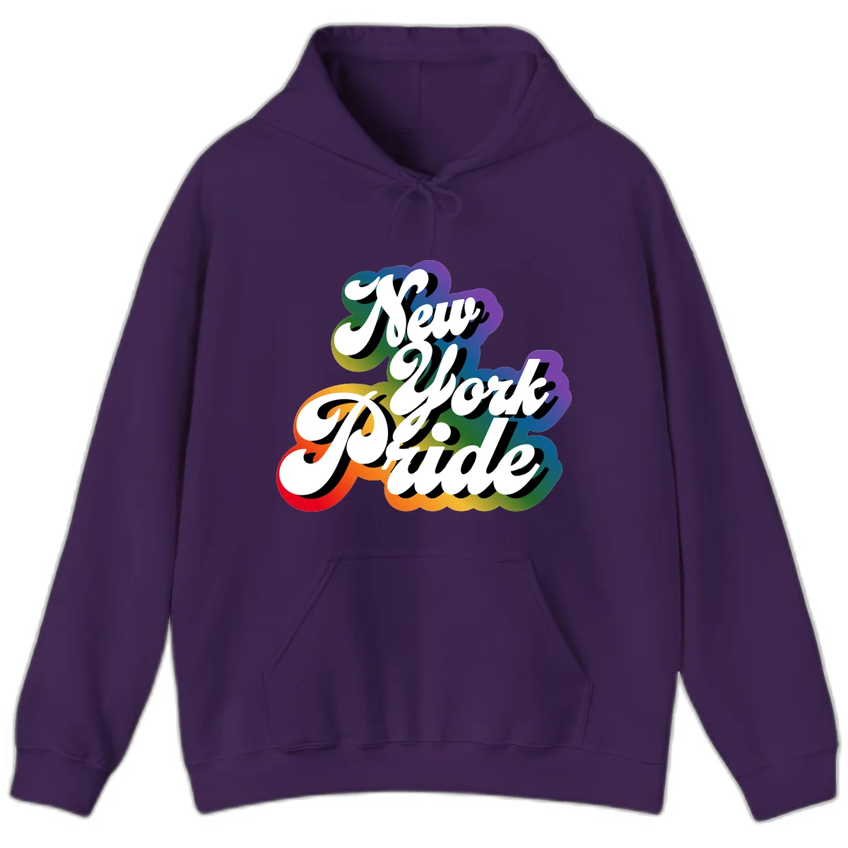New York Pride retro design with bold white text and rainbow gradient background in pride colors in Purple