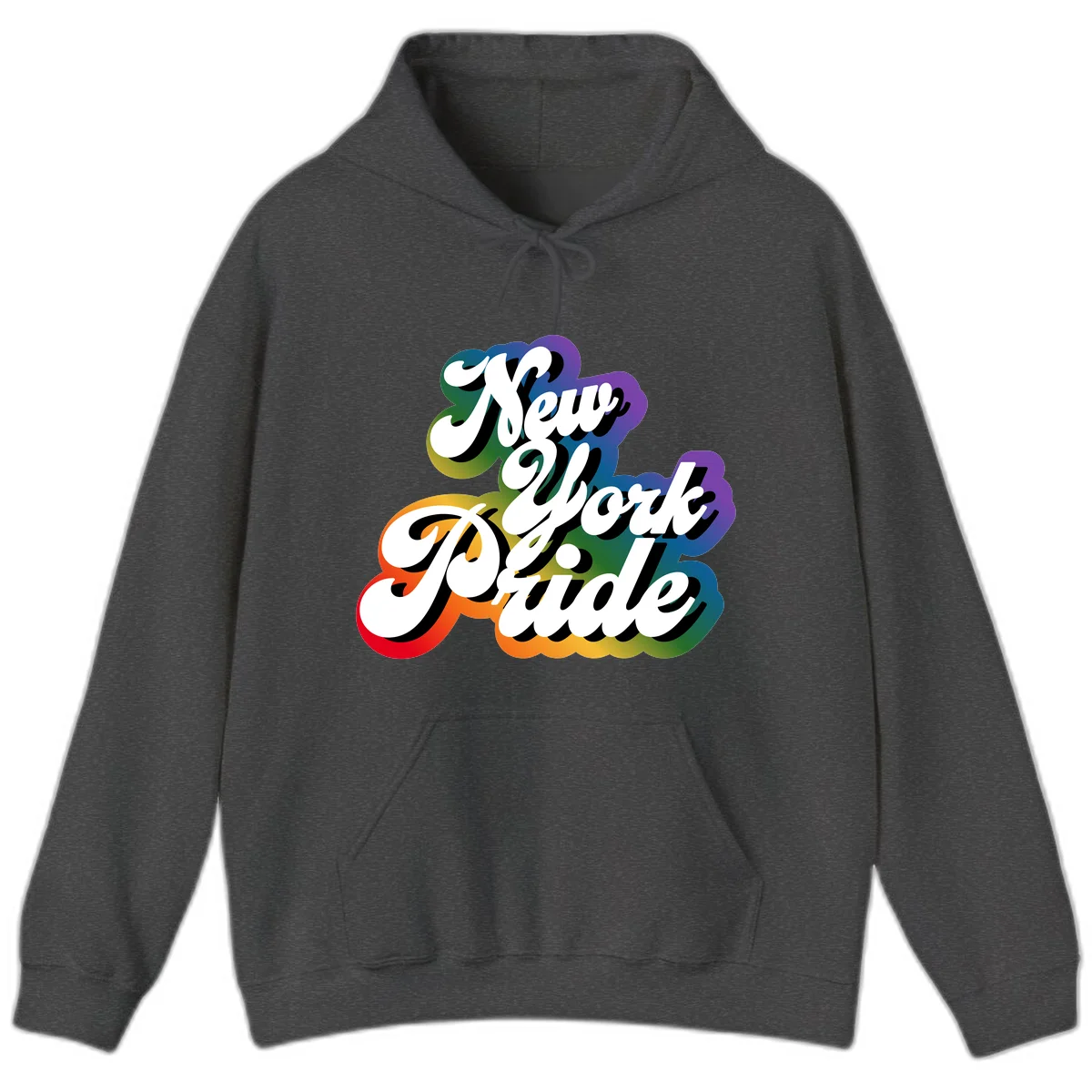 New York Pride retro design with bold white text and rainbow gradient background in pride colors in Dark Heather