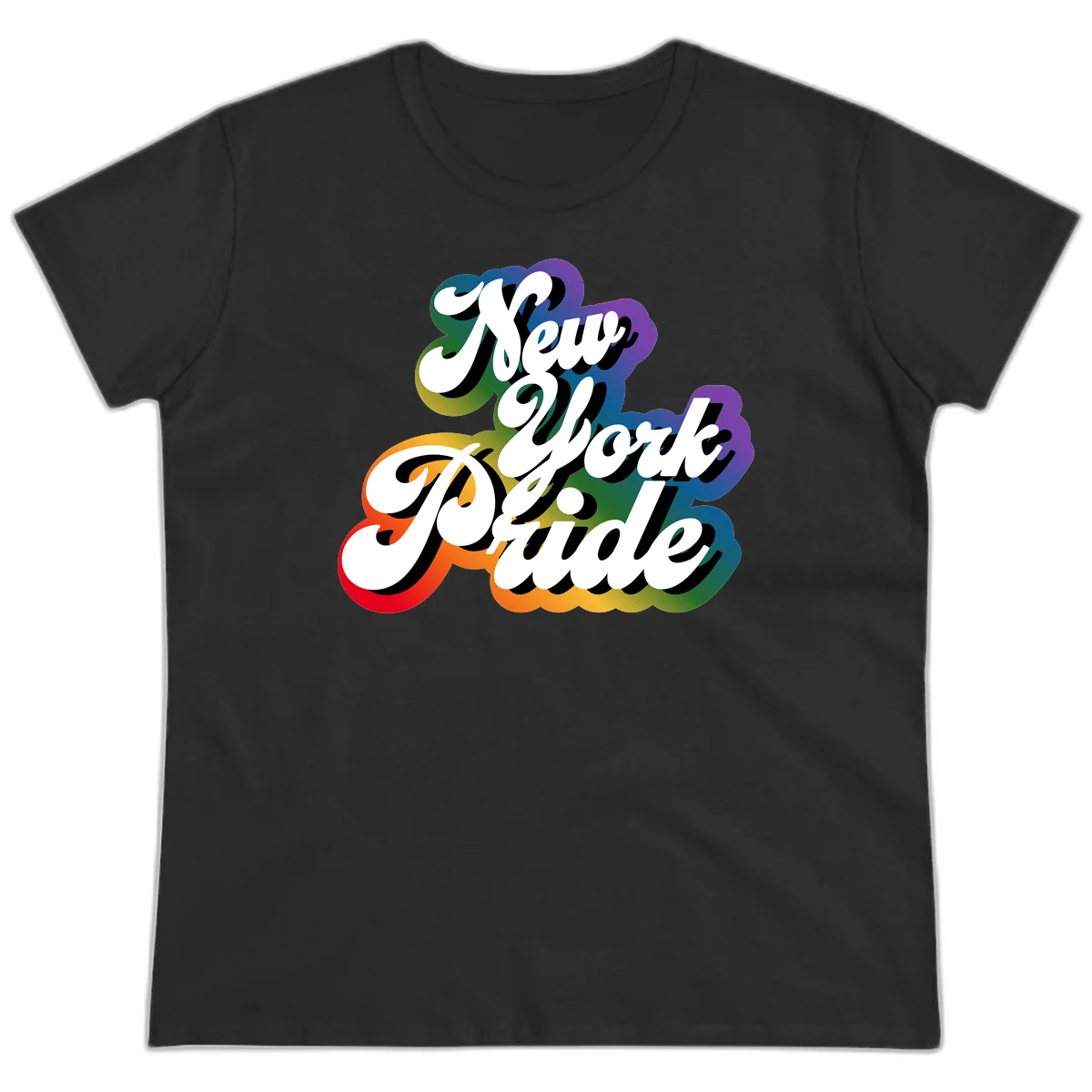 New York Pride retro design with bold white text and rainbow gradient background in pride colors in Black