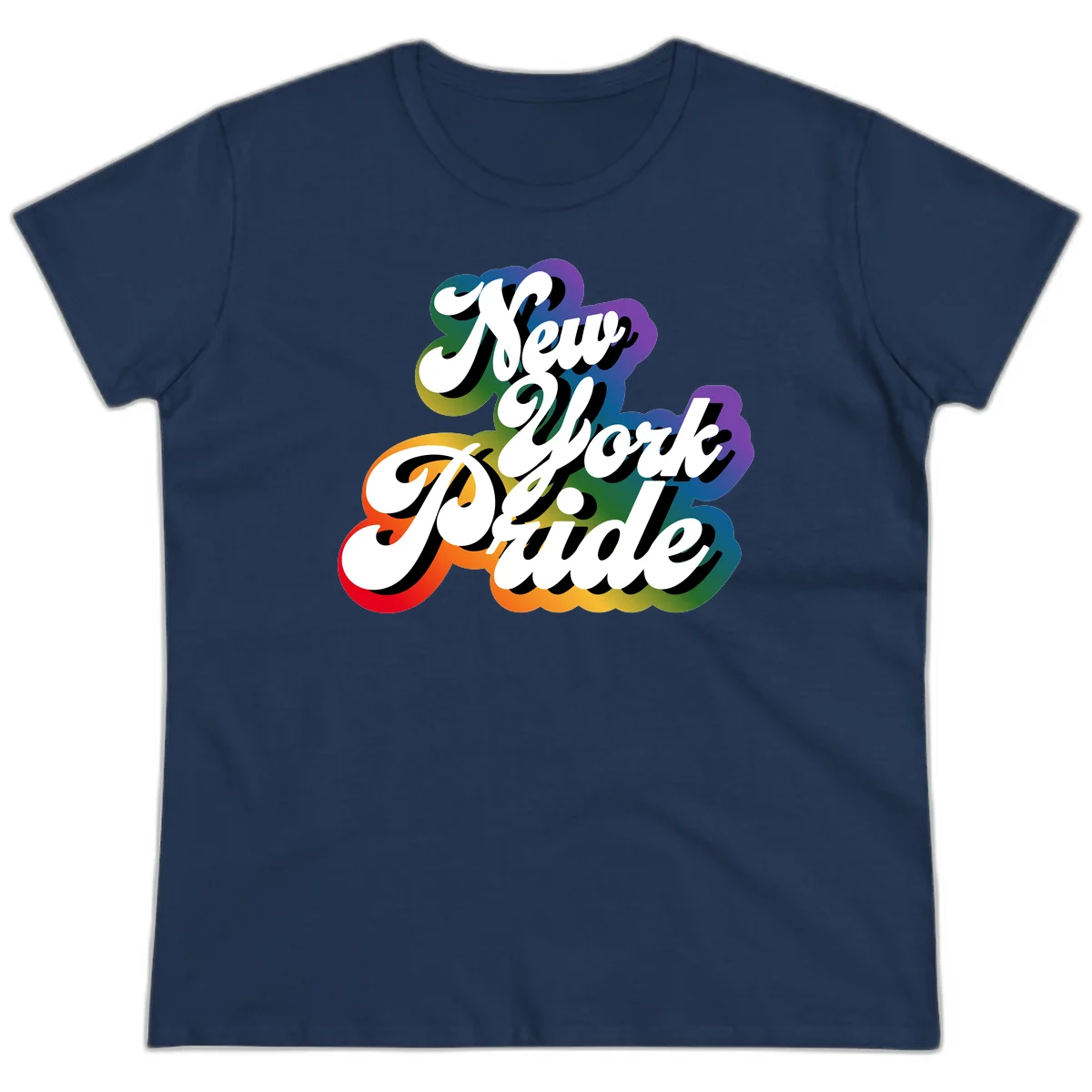New York Pride retro design with bold white text and rainbow gradient background in pride colors in Navy