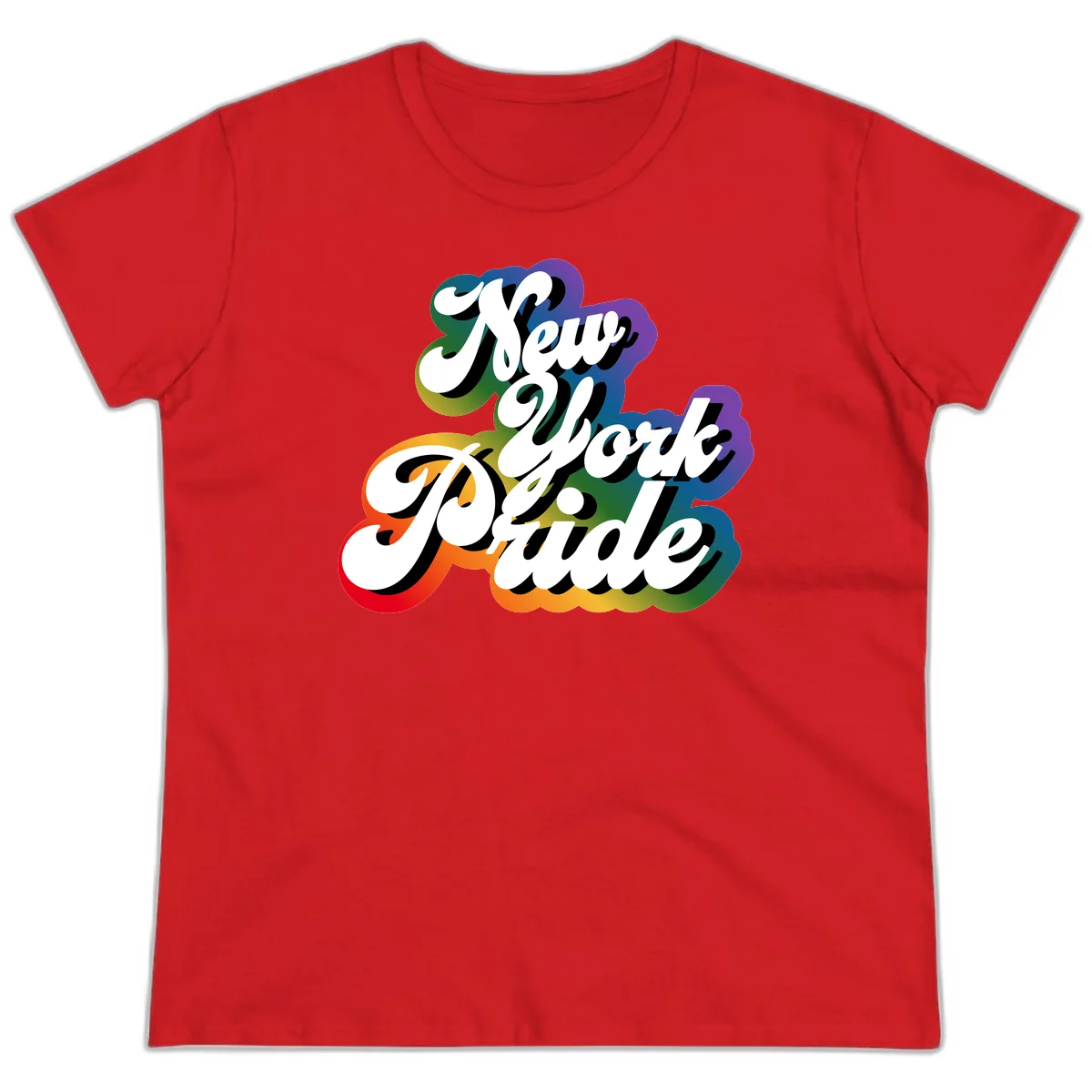 New York Pride retro design with bold white text and rainbow gradient background in pride colors in Red