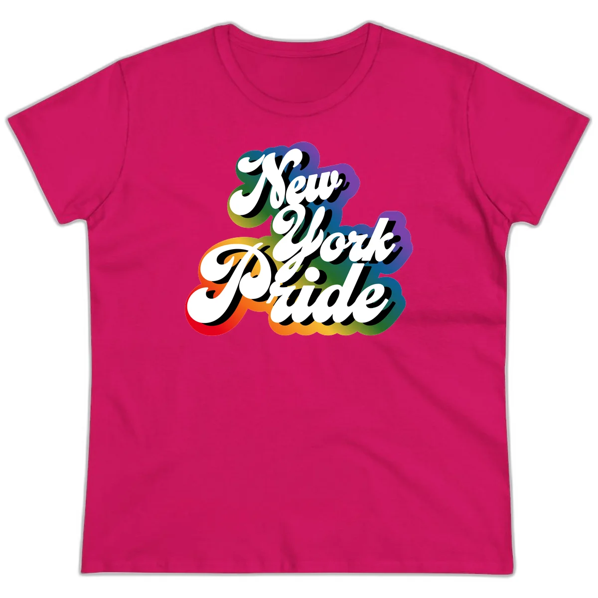 New York Pride retro design with bold white text and rainbow gradient background in pride colors in Heliconia