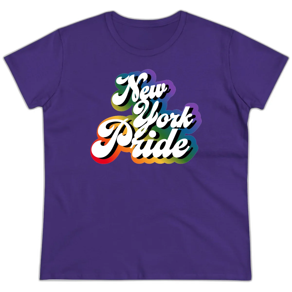 New York Pride retro design with bold white text and rainbow gradient background in pride colors in Purple