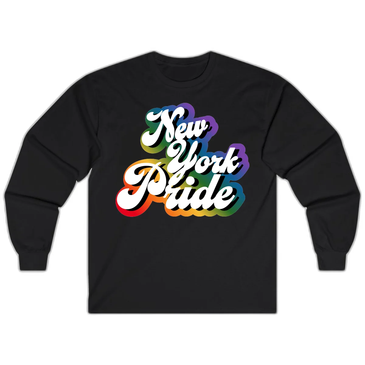 New York Pride retro design with bold white text and rainbow gradient background in pride colors in Black
