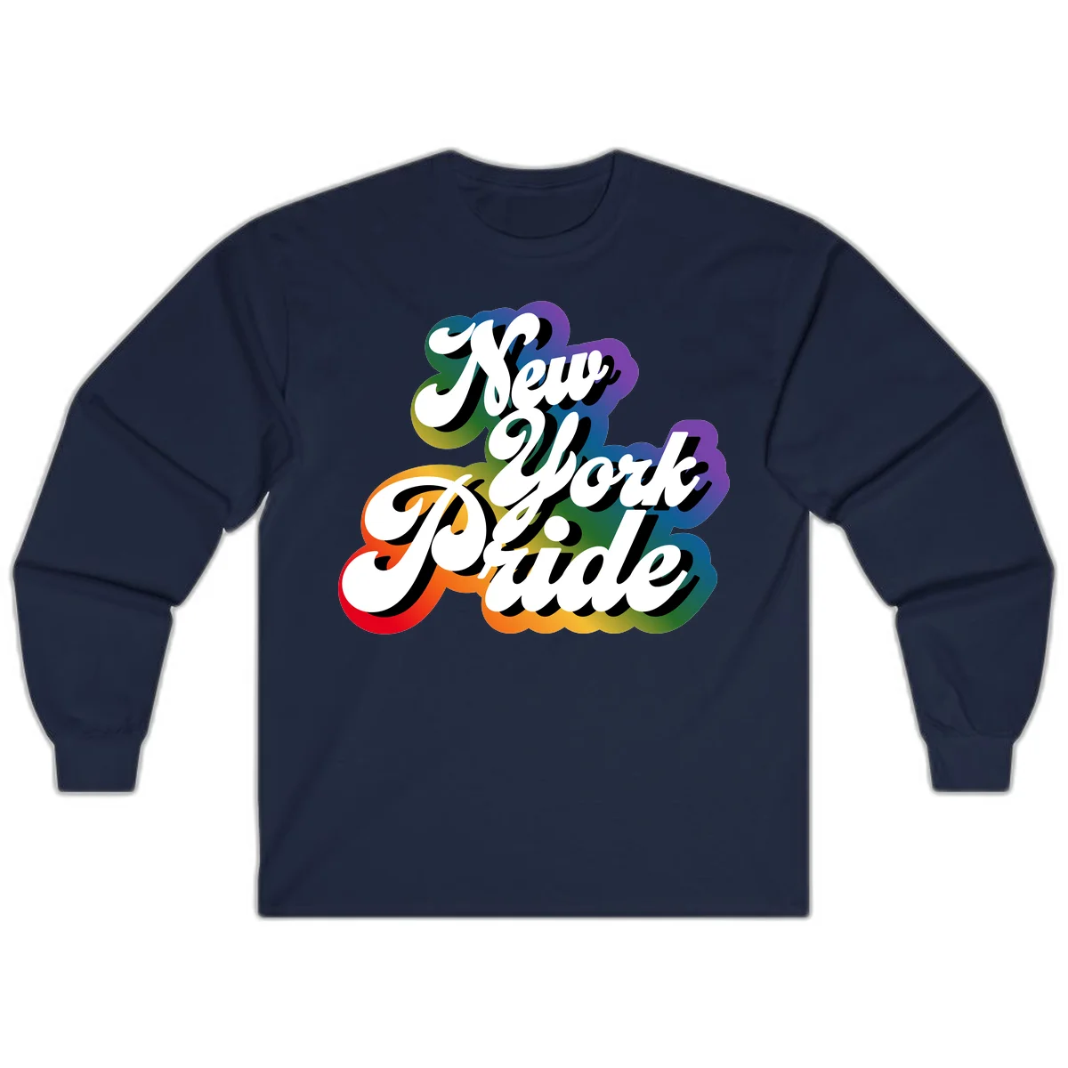 New York Pride retro design with bold white text and rainbow gradient background in pride colors in Navy