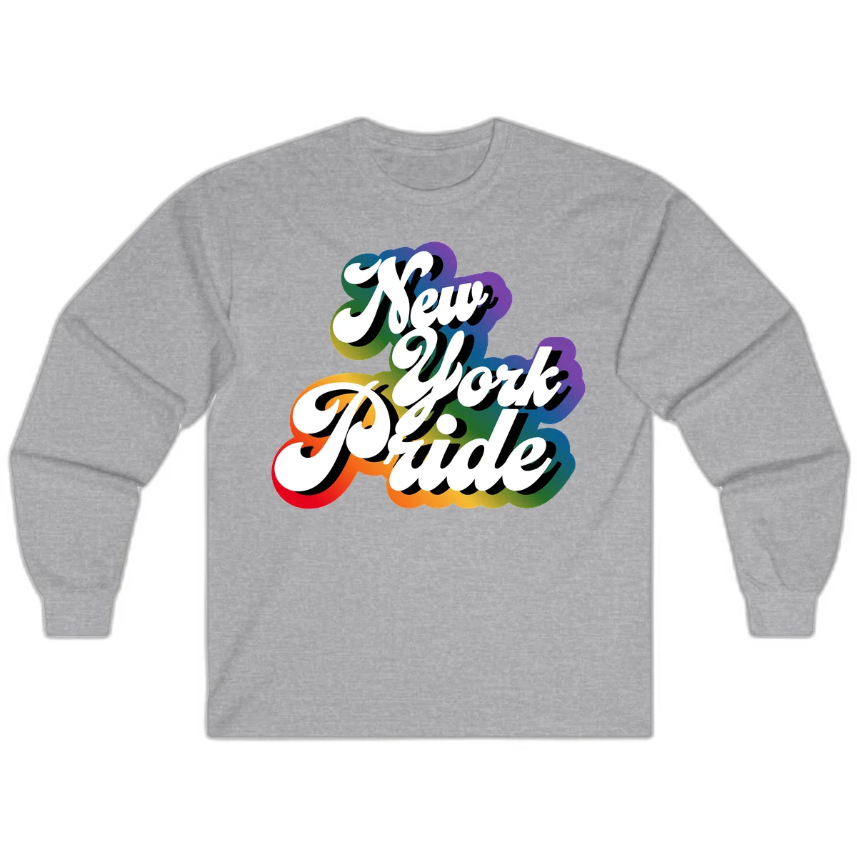 New York Pride retro design with bold white text and rainbow gradient background in pride colors in Sport Grey