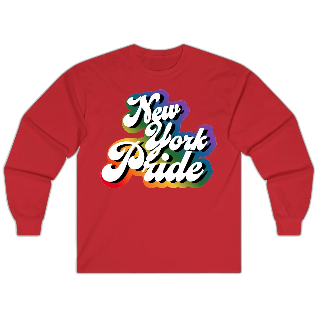 New York Pride retro design with bold white text and rainbow gradient background in pride colors in Red