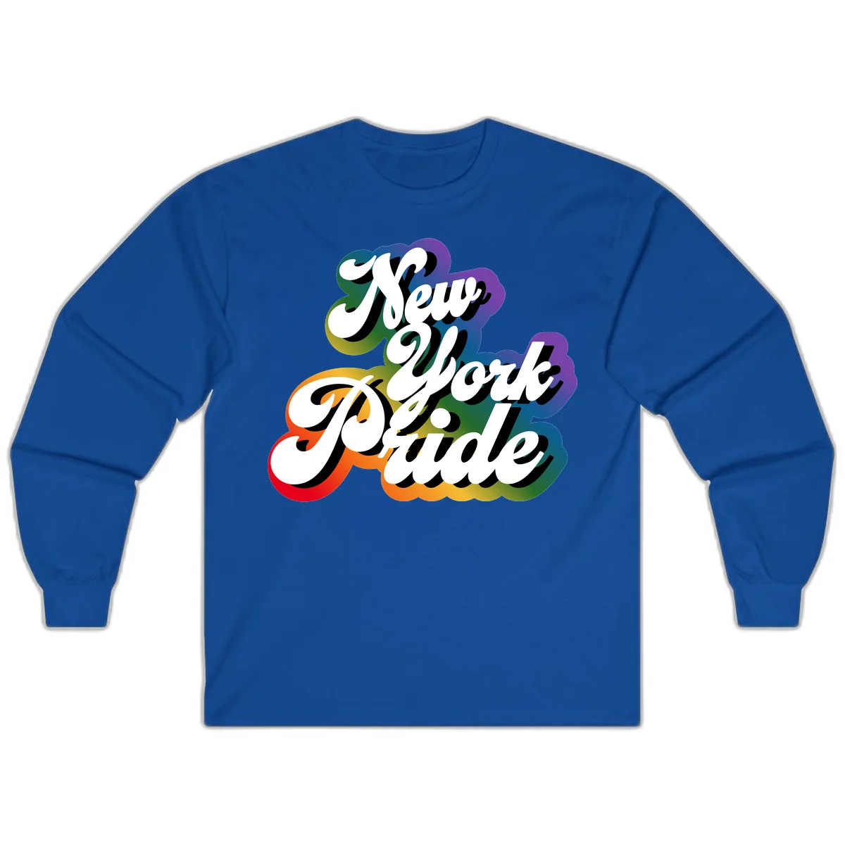 New York Pride retro design with bold white text and rainbow gradient background in pride colors in Royal