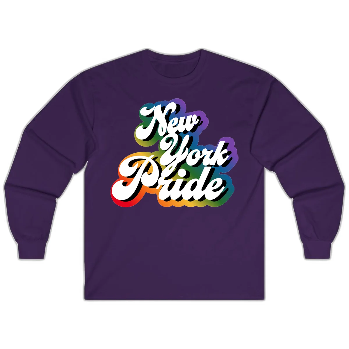 New York Pride retro design with bold white text and rainbow gradient background in pride colors in Purple