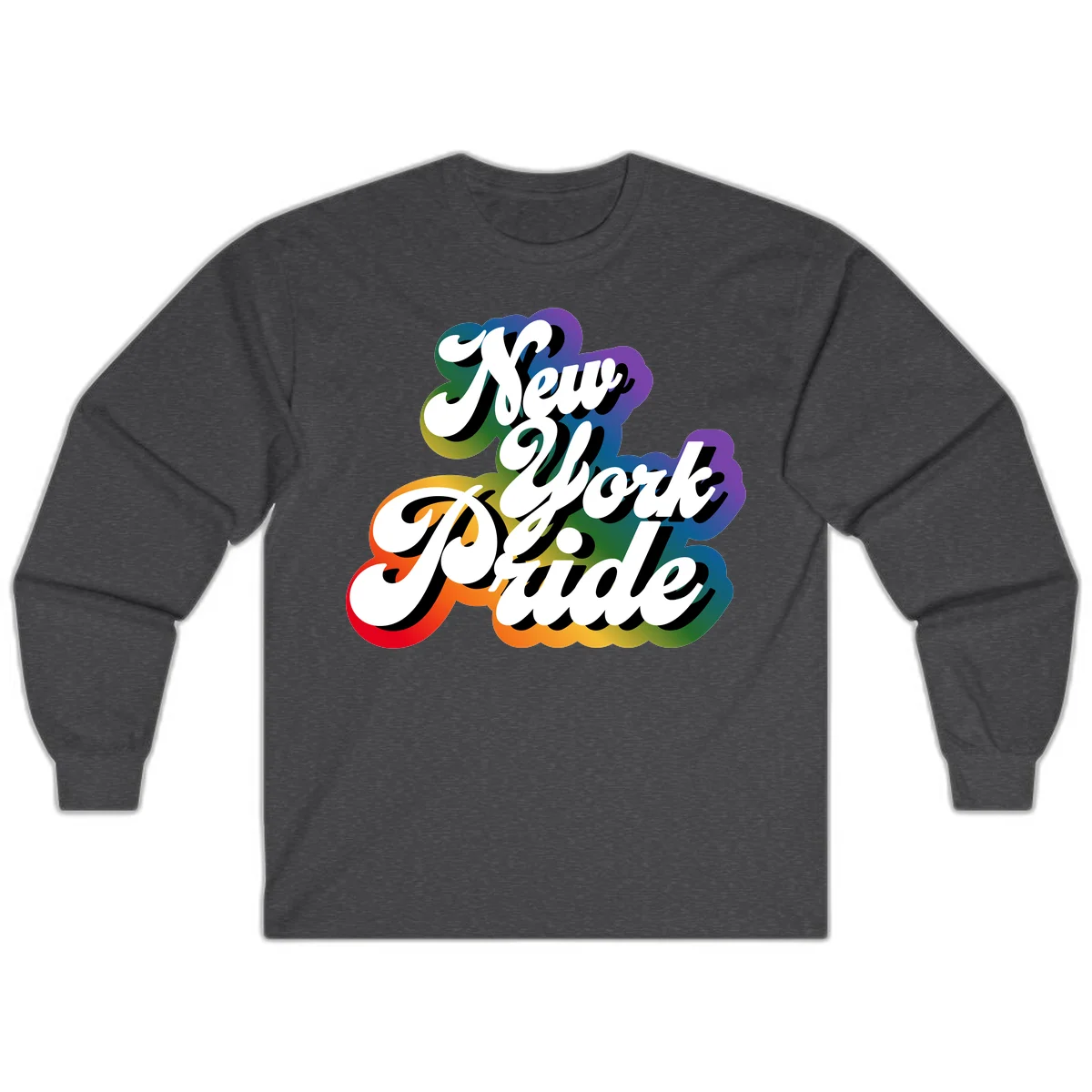 New York Pride retro design with bold white text and rainbow gradient background in pride colors in Dark Heather